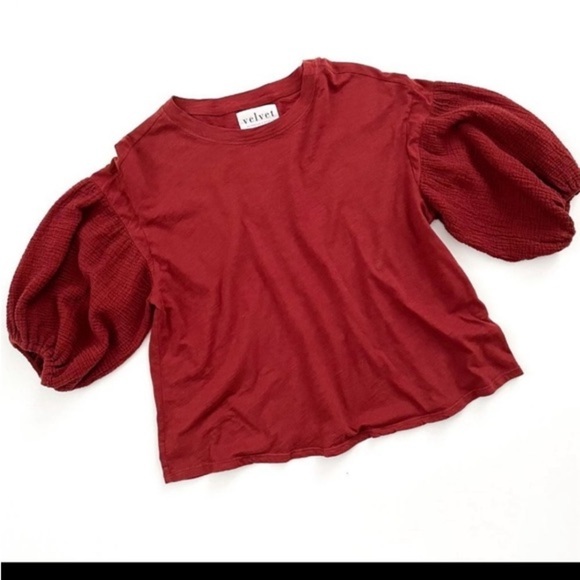 Velvet by Graham & Spencer For Anthropologie Gauze Balloon Sleeve Top M Maroon - Picture 3 of 5